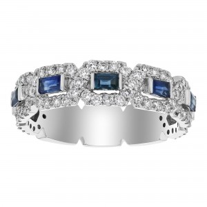 14K White Gold Diamond and Baguette Blue Sapphires Band Ring