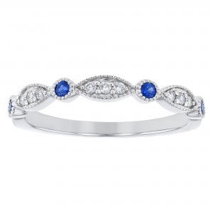 14K White Gold Diamond and Blue Sapphires Milgrain Band Ring