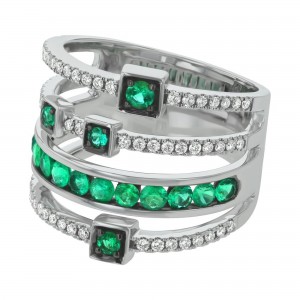 14K White Gold 1.10 carat Diamonds and Emeralds Ring