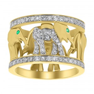 14K Yellow Gold 1.00 carat Diamonds and Tsavorite Wide Elephant Ring