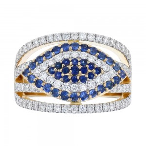 14K White Gold 1.60 carat Blue Sapphire and White Diamonds EVIL EYE Ring