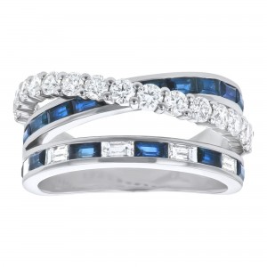 14K White Gold 2.50 carat Diamonds and Blue Sapphires Crossover Ring