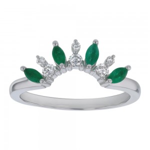 14K White Gold Marquise Emeralds and Round Diamonds Crown Ring