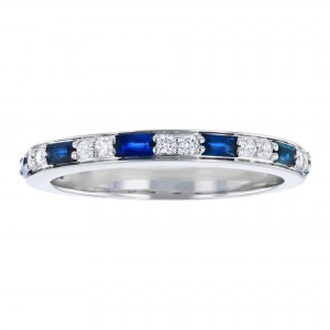 14K White Gold Diamonds and Baguette Blue Sapphires Band Ring