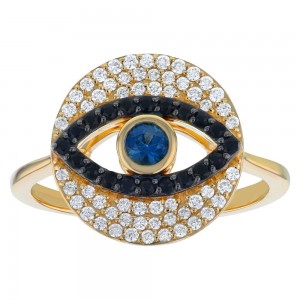 14K Yellow Gold 0.64 carat Diamonds, Blue and Black Sapphire EVIL EYE Ring