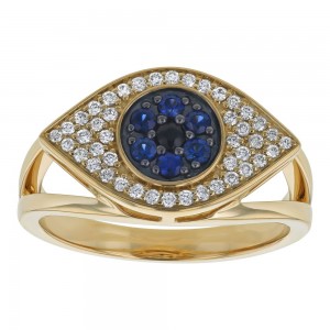 14K Yellow Gold 0.45 carat Diamonds and Blue Sapphire EVIL EYE Ring