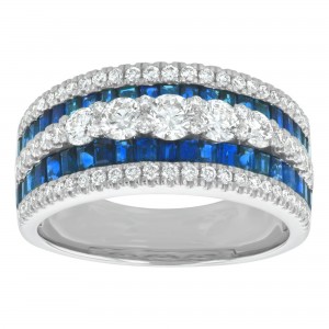 14K White Gold 2.45 carat Diamonds and Blue Sapphires Ring