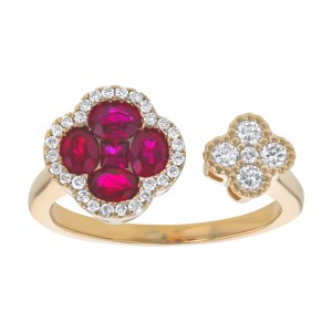 14K Yellow Gold 1.25 carat Diamonds and Red Rubies Clover Ring